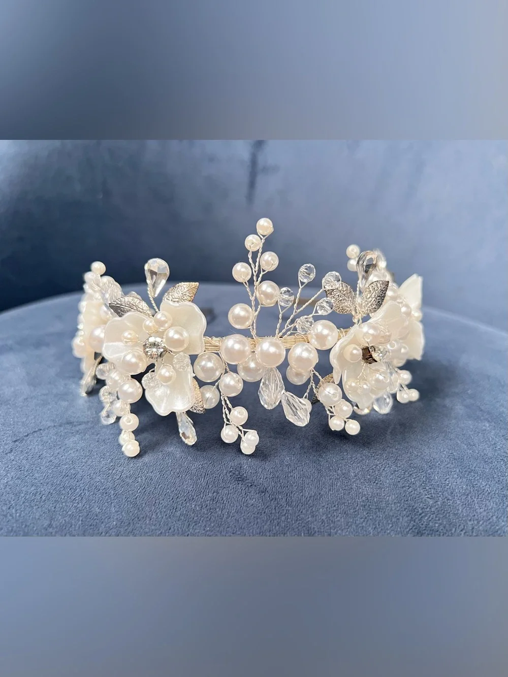 NIB Bridal Pearl Crystal Floral Headband Wedding Hair Crown Tiara White Silver